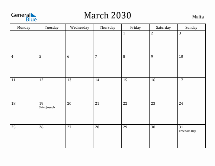 March 2030 Calendar Malta