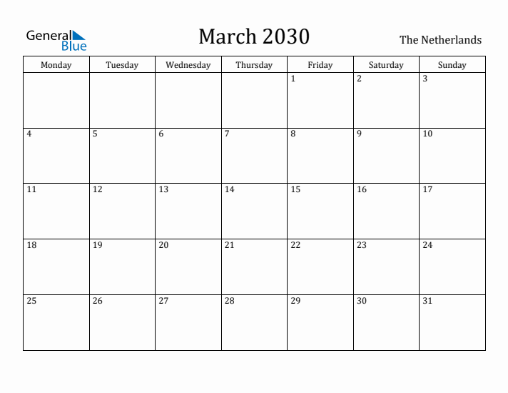 March 2030 Calendar The Netherlands