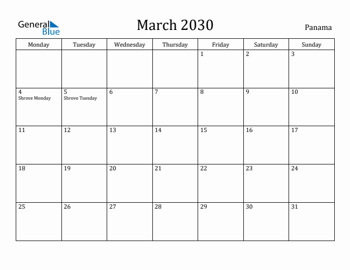 March 2030 Calendar Panama