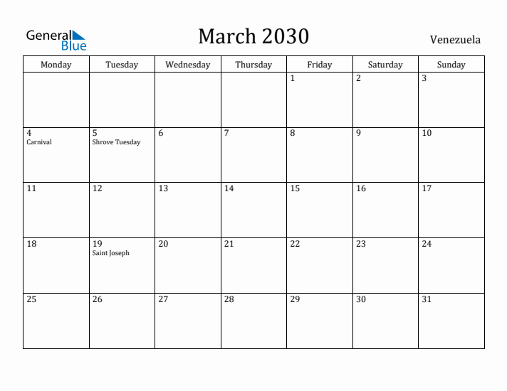 March 2030 Calendar Venezuela