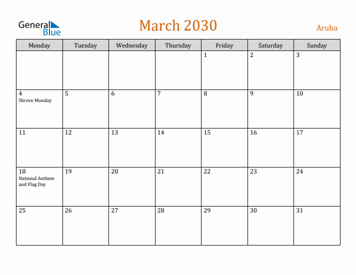 March 2030 Holiday Calendar with Monday Start