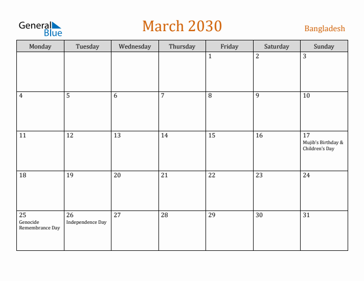 March 2030 Holiday Calendar with Monday Start