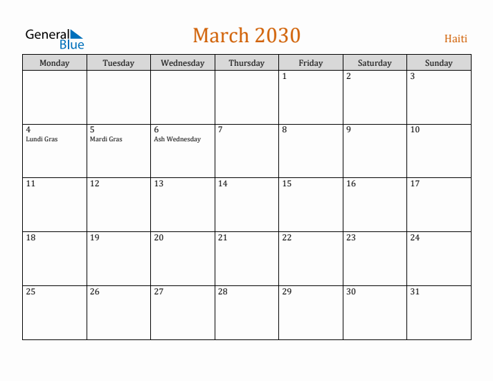 March 2030 Holiday Calendar with Monday Start