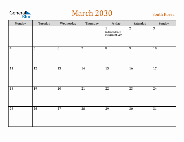 March 2030 Holiday Calendar with Monday Start
