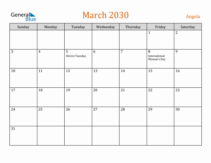 March 2030 Holiday Calendar with Sunday Start