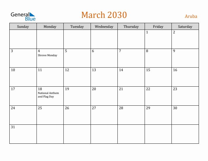 March 2030 Holiday Calendar with Sunday Start