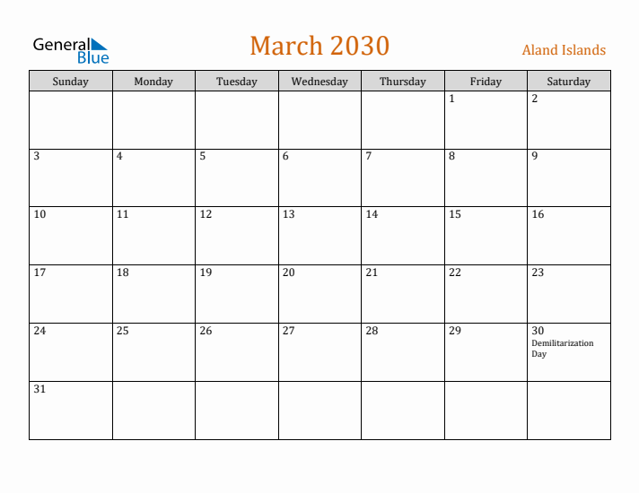 March 2030 Holiday Calendar with Sunday Start