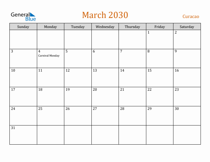 March 2030 Holiday Calendar with Sunday Start