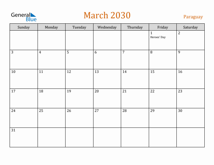 March 2030 Holiday Calendar with Sunday Start