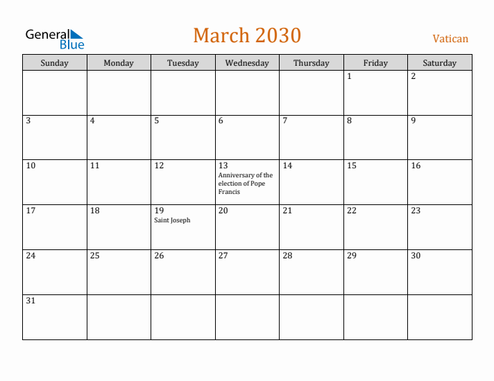 March 2030 Holiday Calendar with Sunday Start