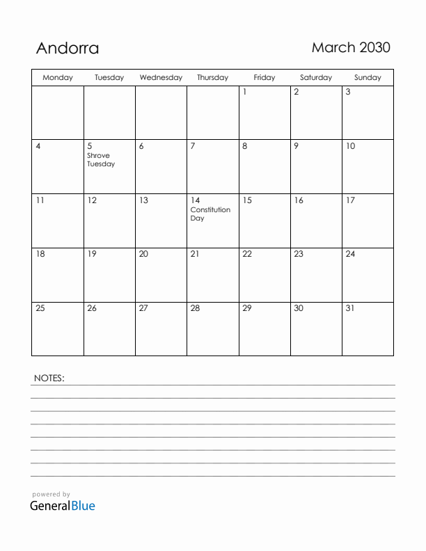 March 2030 Andorra Calendar with Holidays (Monday Start)