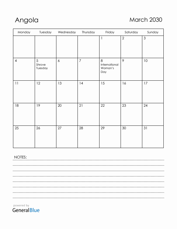 March 2030 Angola Calendar with Holidays (Monday Start)