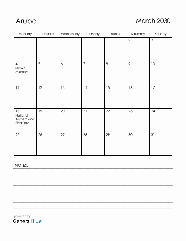 March 2030 Aruba Calendar with Holidays (Monday Start)
