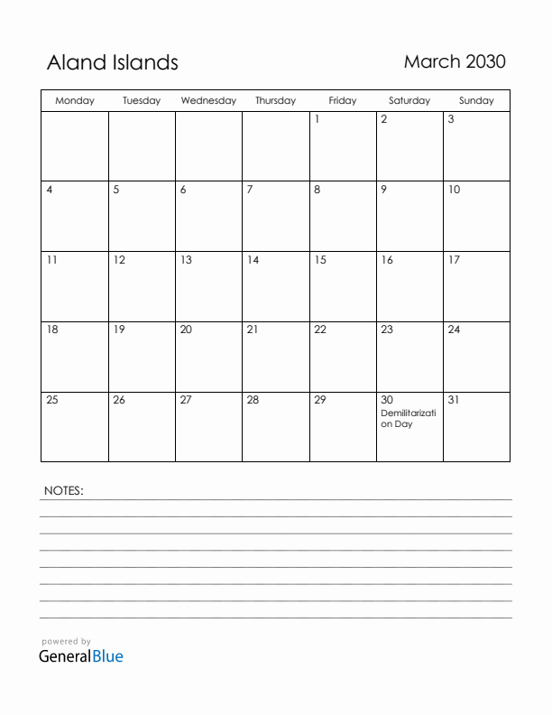March 2030 Aland Islands Calendar with Holidays (Monday Start)