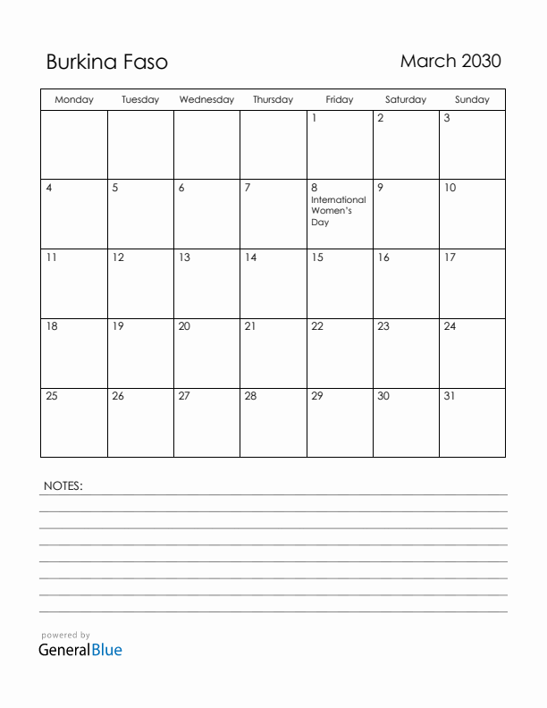 March 2030 Burkina Faso Calendar with Holidays (Monday Start)