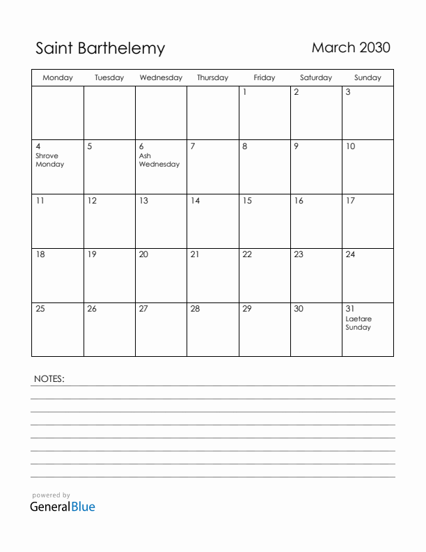 March 2030 Saint Barthelemy Calendar with Holidays (Monday Start)