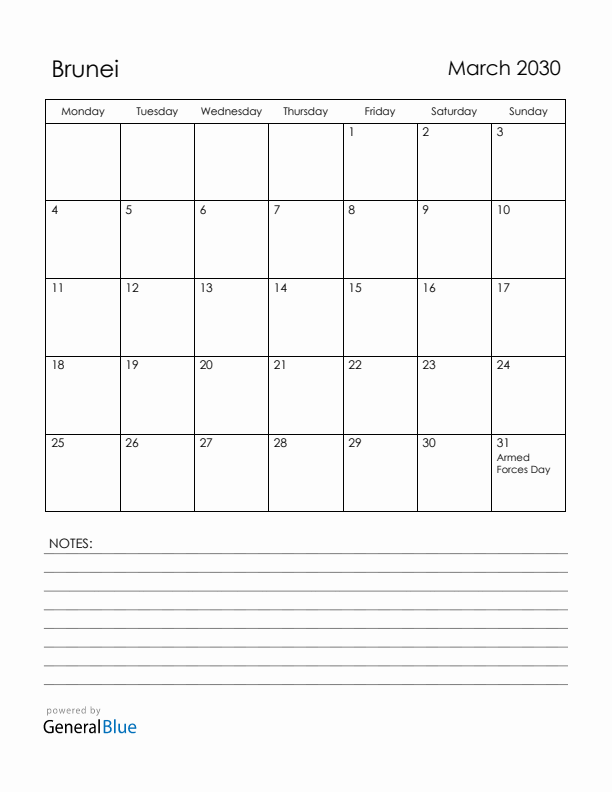 March 2030 Brunei Calendar with Holidays (Monday Start)