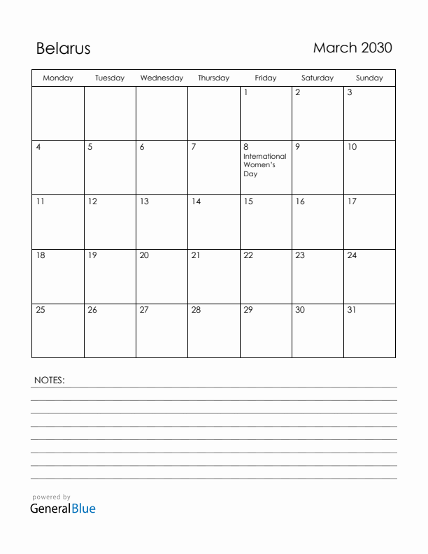 March 2030 Belarus Calendar with Holidays (Monday Start)