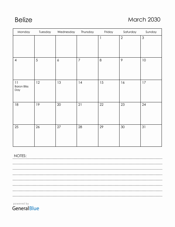 March 2030 Belize Calendar with Holidays (Monday Start)