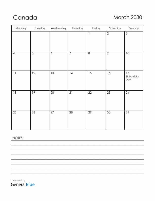 March 2030 Canada Calendar with Holidays (Monday Start)
