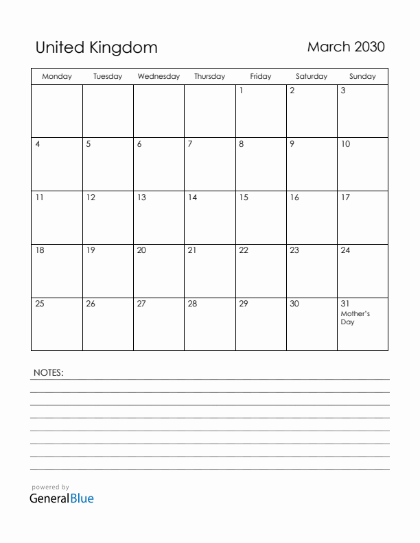 March 2030 United Kingdom Calendar with Holidays (Monday Start)