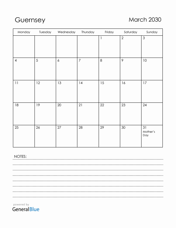 March 2030 Guernsey Calendar with Holidays (Monday Start)
