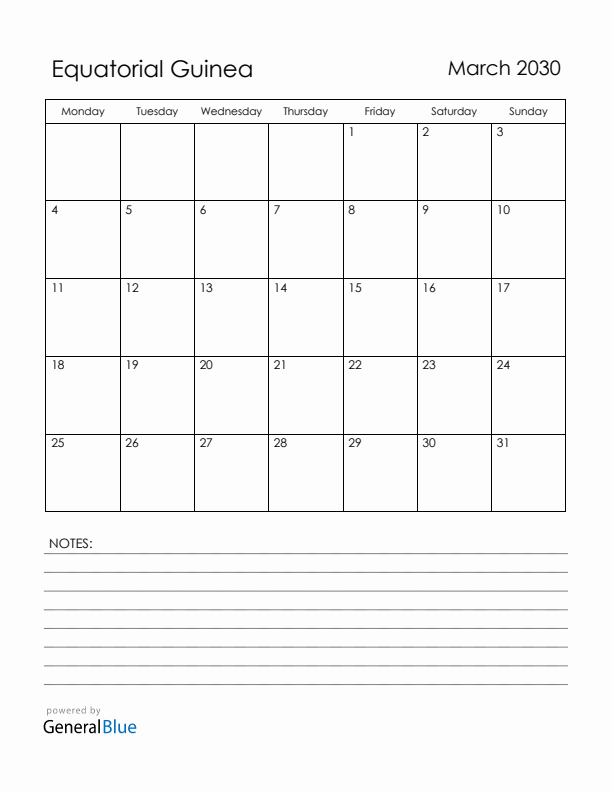 March 2030 Equatorial Guinea Calendar with Holidays (Monday Start)