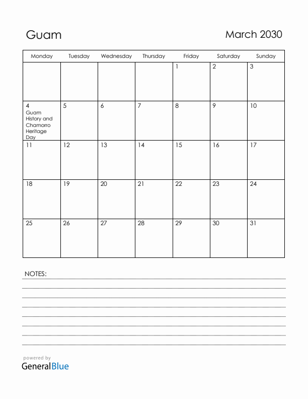 March 2030 Guam Calendar with Holidays (Monday Start)