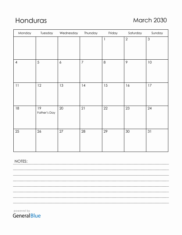 March 2030 Honduras Calendar with Holidays (Monday Start)