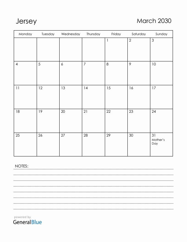 March 2030 Jersey Calendar with Holidays (Monday Start)