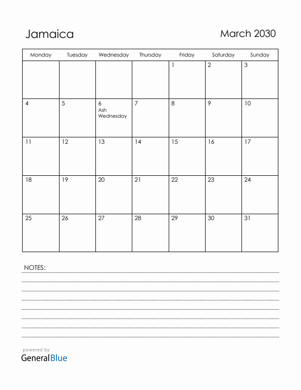 March 2030 Jamaica Calendar with Holidays (Monday Start)