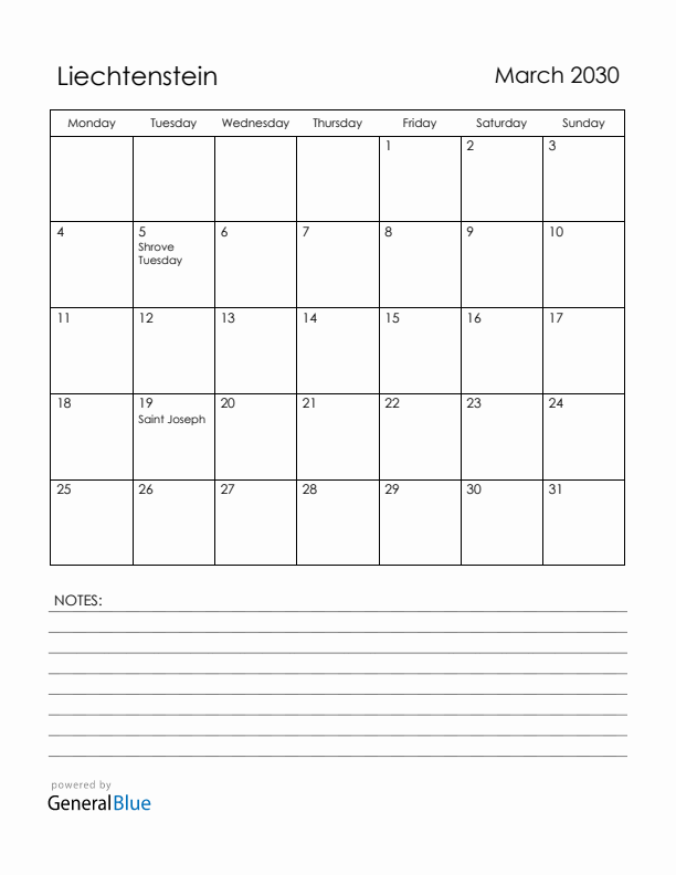 March 2030 Liechtenstein Calendar with Holidays (Monday Start)