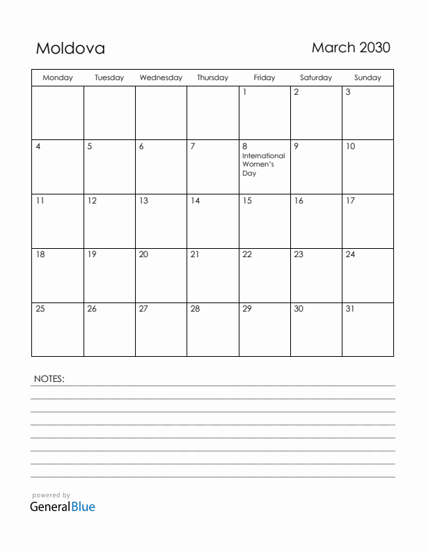 March 2030 Moldova Calendar with Holidays (Monday Start)