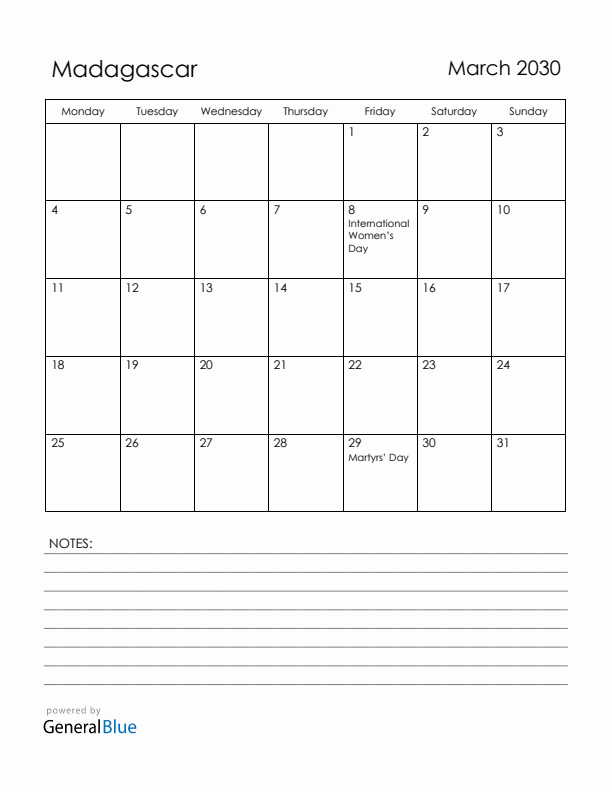 March 2030 Madagascar Calendar with Holidays (Monday Start)