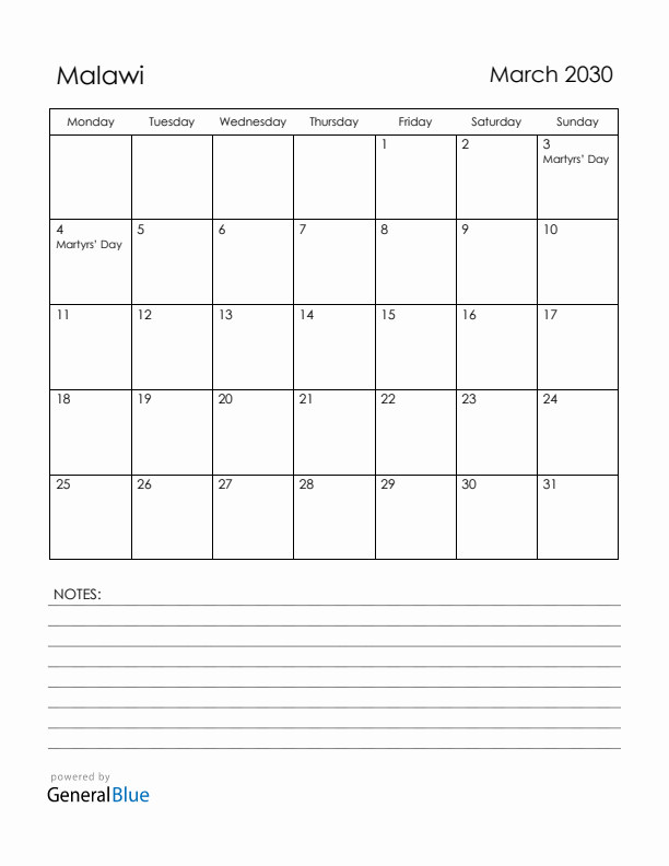 March 2030 Malawi Calendar with Holidays (Monday Start)