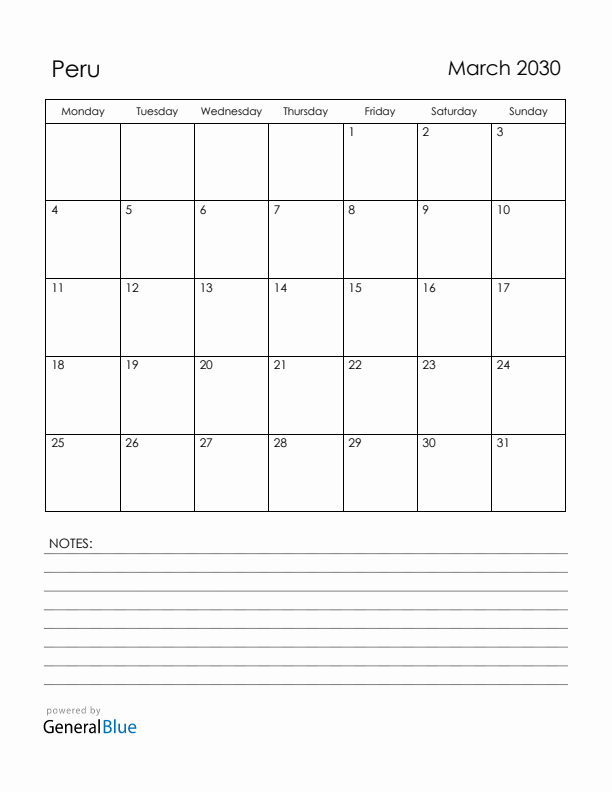 March 2030 Peru Calendar with Holidays (Monday Start)