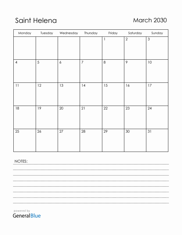 March 2030 Saint Helena Calendar with Holidays (Monday Start)