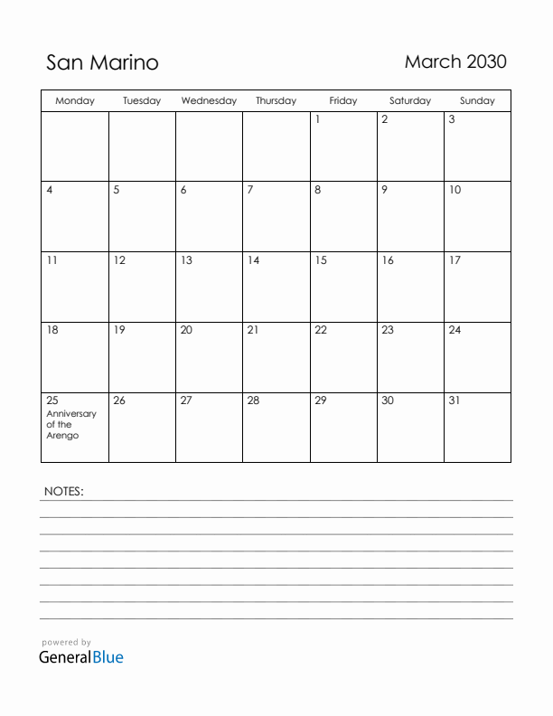 March 2030 San Marino Calendar with Holidays (Monday Start)