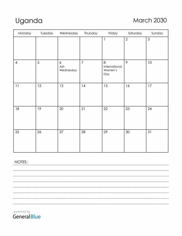 March 2030 Uganda Calendar with Holidays (Monday Start)