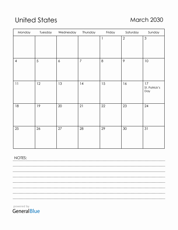 March 2030 United States Calendar with Holidays (Monday Start)