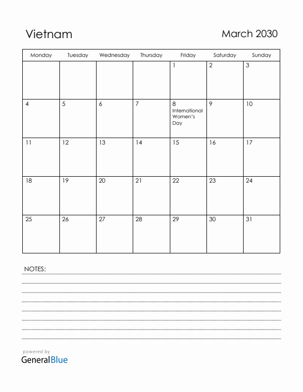 March 2030 Vietnam Calendar with Holidays (Monday Start)