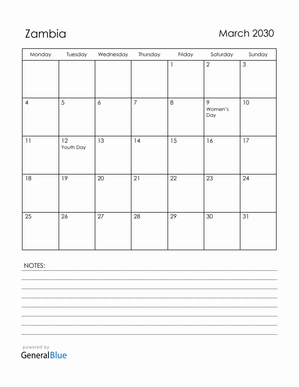 March 2030 Zambia Calendar with Holidays (Monday Start)