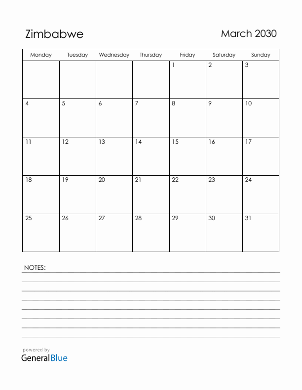 March 2030 Zimbabwe Calendar with Holidays (Monday Start)