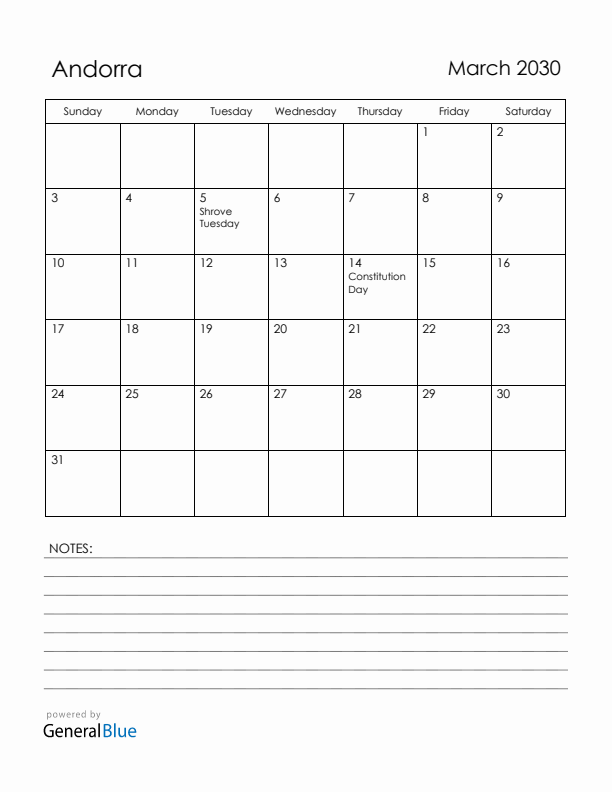 March 2030 Andorra Calendar with Holidays (Sunday Start)