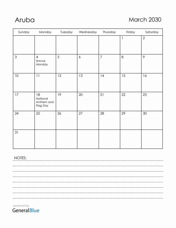 March 2030 Aruba Calendar with Holidays (Sunday Start)