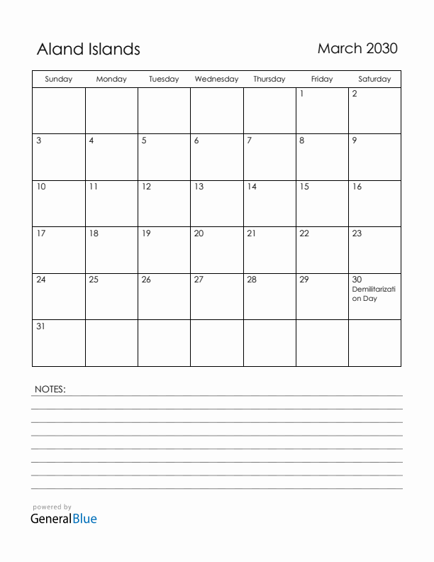 March 2030 Aland Islands Calendar with Holidays (Sunday Start)