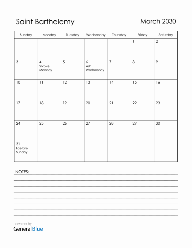 March 2030 Saint Barthelemy Calendar with Holidays (Sunday Start)
