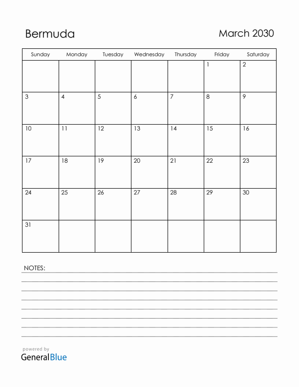 March 2030 Bermuda Calendar with Holidays (Sunday Start)