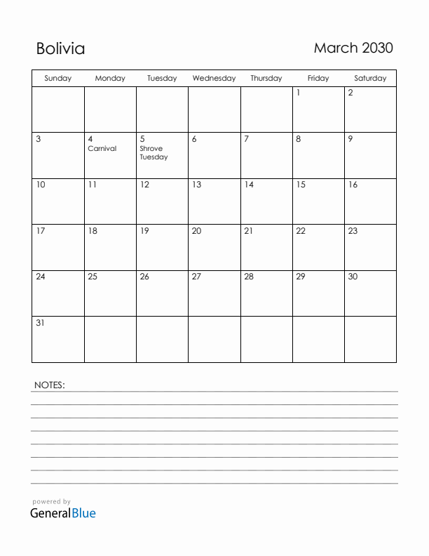 March 2030 Bolivia Calendar with Holidays (Sunday Start)
