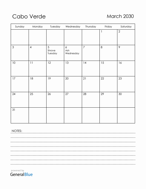 March 2030 Cabo Verde Calendar with Holidays (Sunday Start)